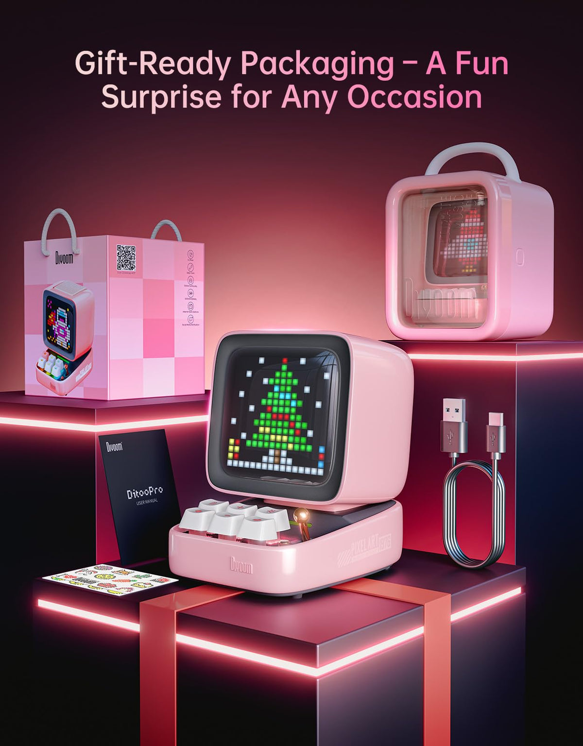 Divoom Ditoo pink finish highlighting chic desk style and vibe.