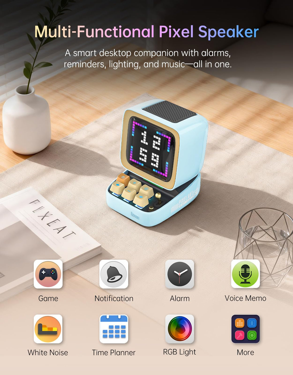 Divoom Ditoo Pro offline music via TF card with blue accents.