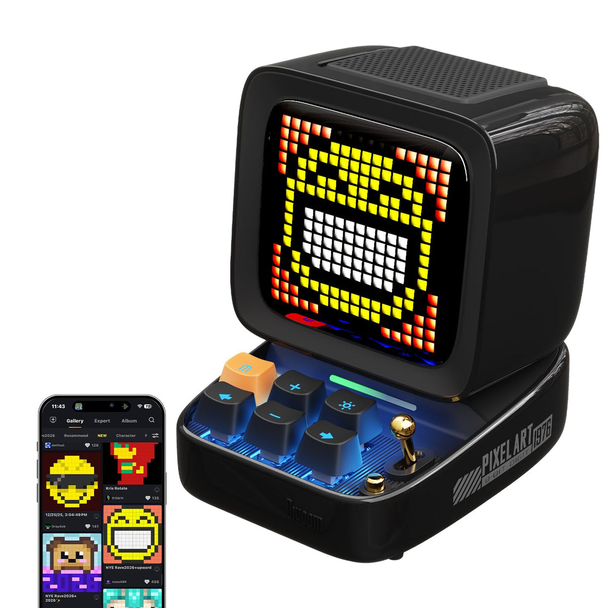 Divoom Ditoo pixel front screen lights up with customizable art for your desk