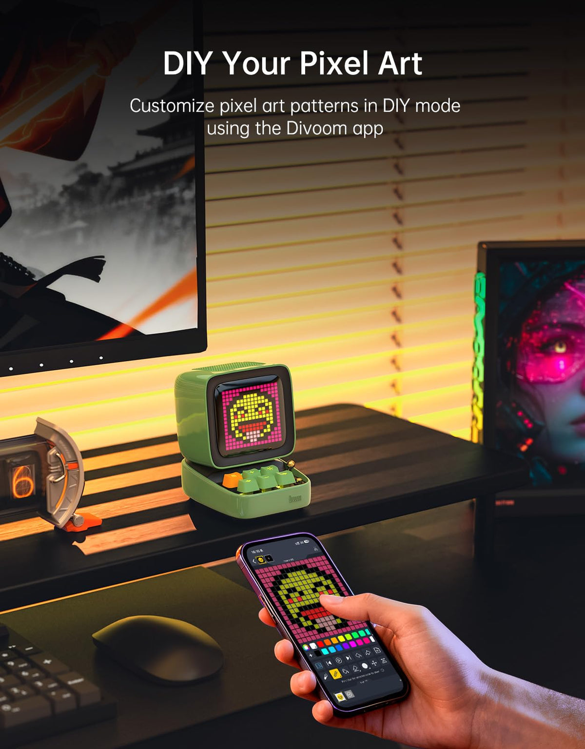 Divoom Ditoo Pro app-controlled design illustrating pixel art customization on the front display