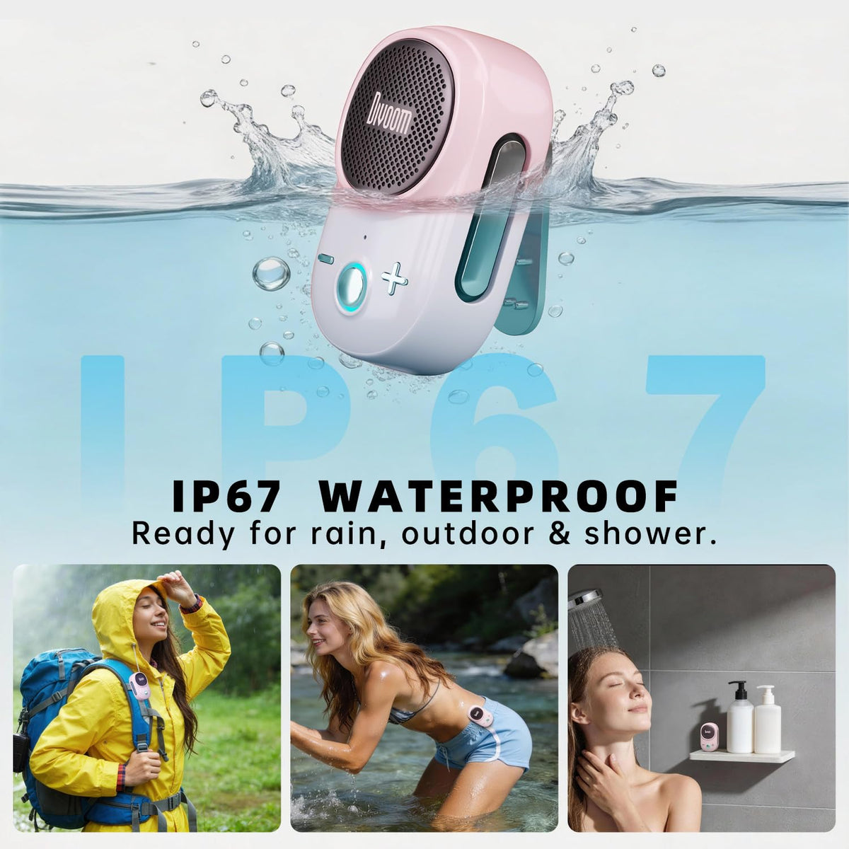 Divoom Itour-S splashing water test poolside, IP67 protection keeps music playing