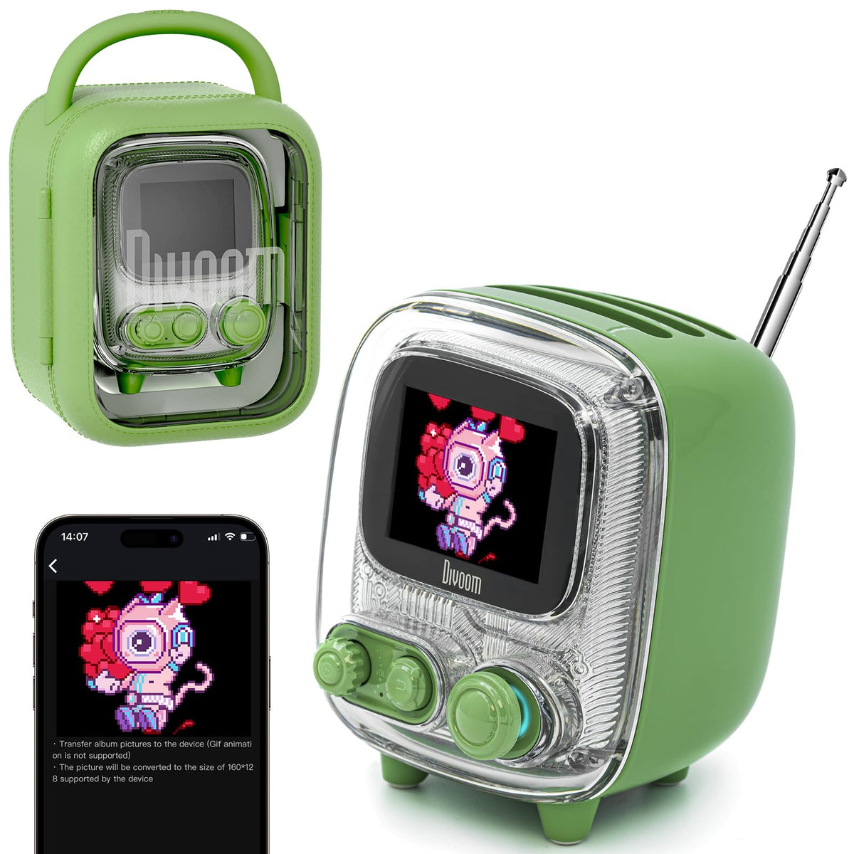 Divoom Tiivoo-2 front view showing pixel screen and retro design for decorative audio