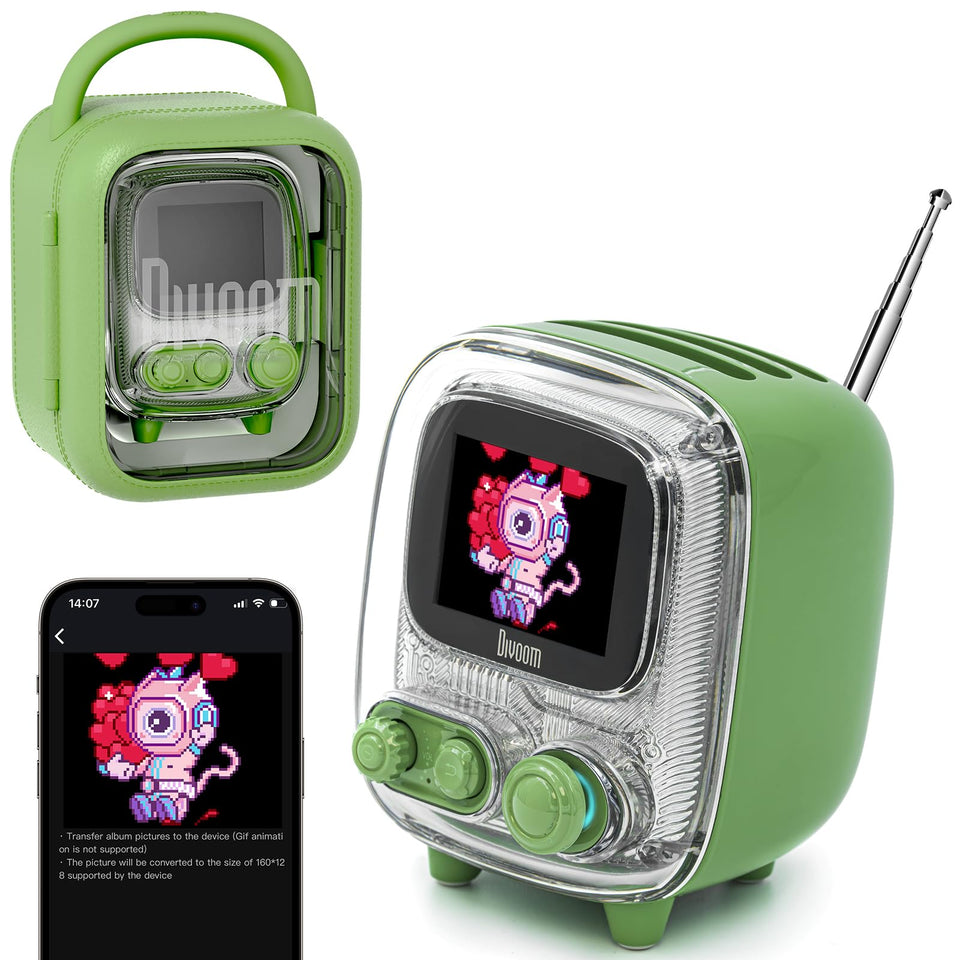 Divoom Tiivoo-2 front view showing pixel screen and retro design for decorative audio