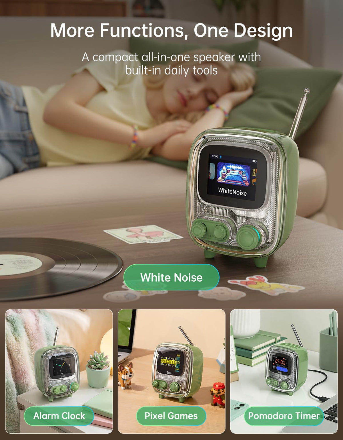 Divoom Tiivoo-2 placed on a bedside table providing alarm and ambient lighting