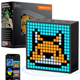 Divoom TimeBox Evo front view showing pixel art and speaker, bright decor