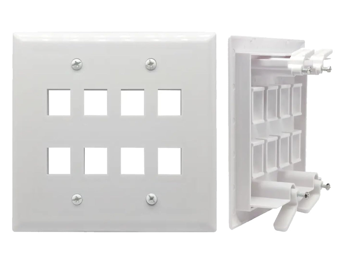 DIYTECH front view of white 2-gang 8-port keystone wall plate showing clean finish and organization benefit