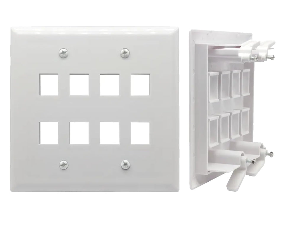 DIYTECH front view of white 2-gang 8-port keystone wall plate showing clean finish and organization benefit