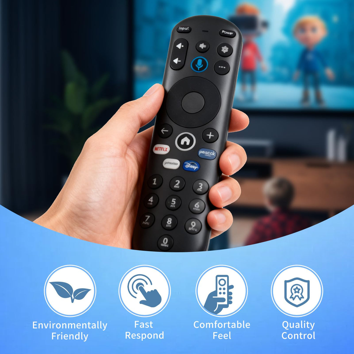DJBNT remote back view shows ergonomic grip and accessible control layout