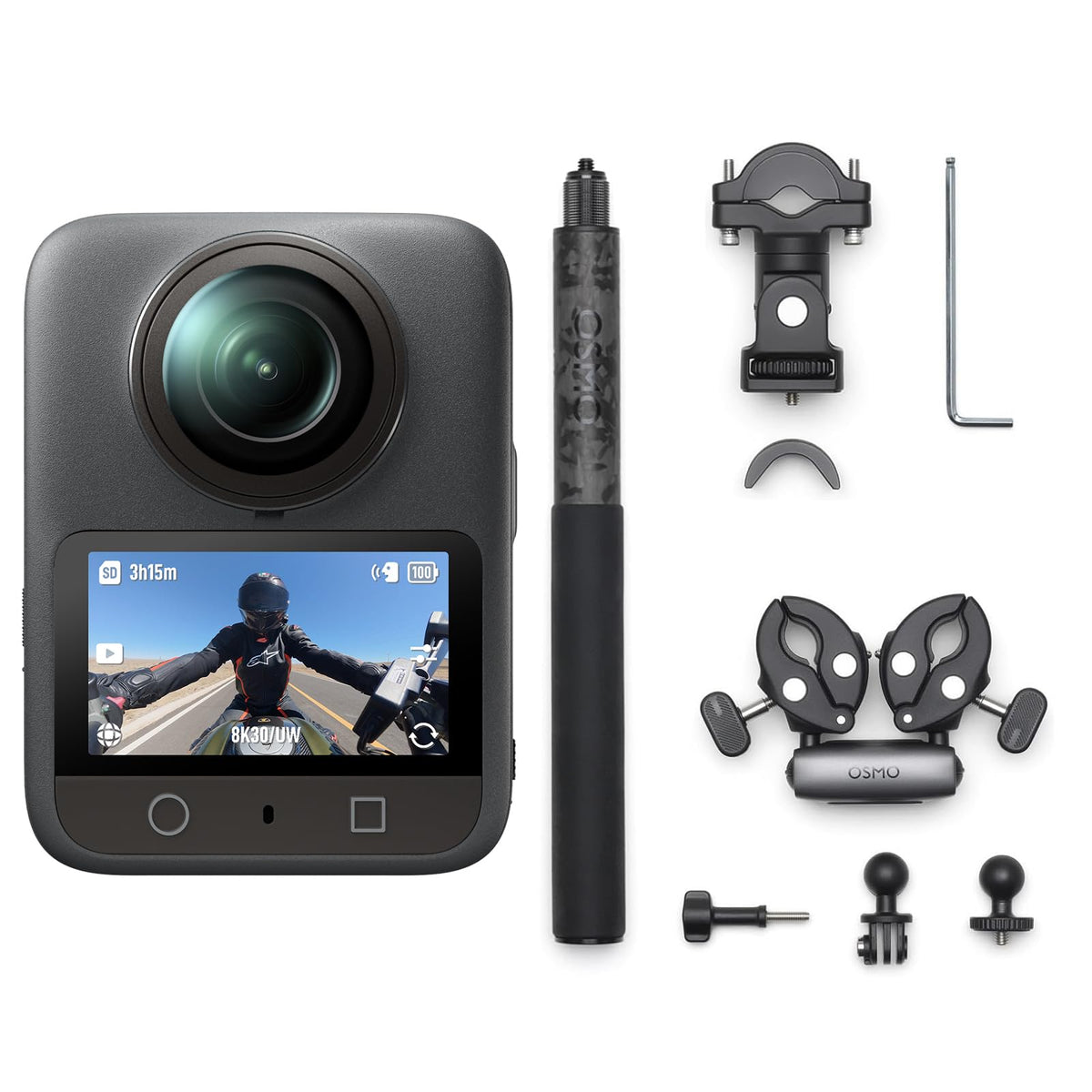 DJI Osmo 360 mounted on motorcycle with heavy-duty mount for rugged rides.
