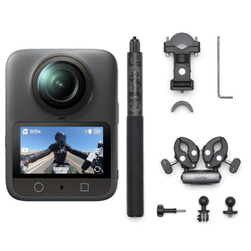 DJI Osmo 360 mounted on motorcycle with heavy-duty mount for rugged rides.
