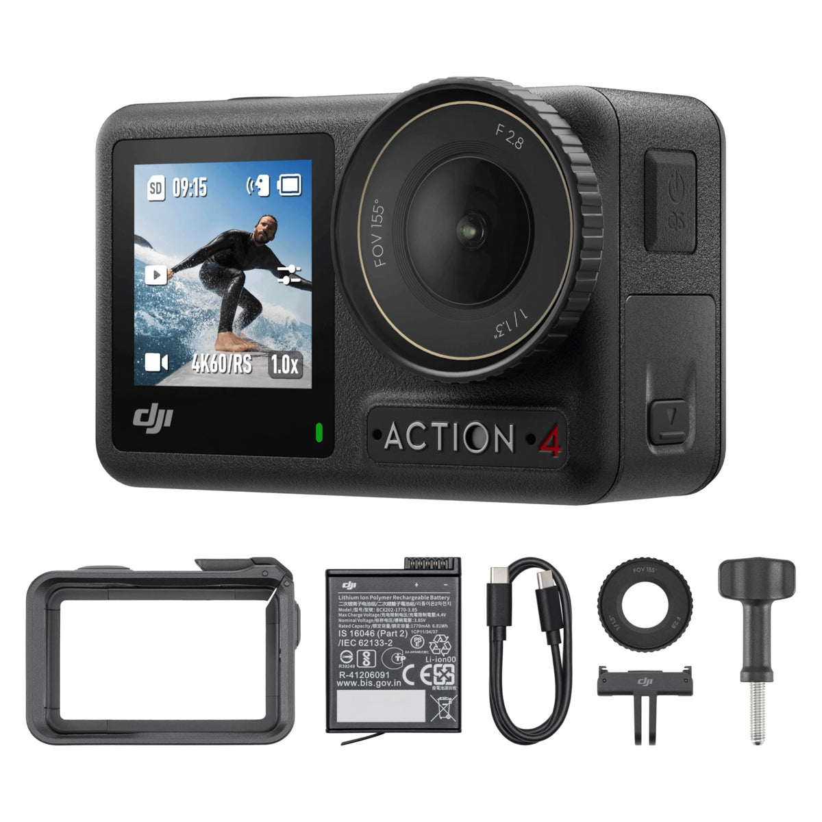 DJI Osmo Action 4 front view shows a compact camera for on-the-go action filming.
