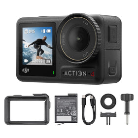 DJI Osmo Action 4 front view shows a compact camera for on-the-go action filming.