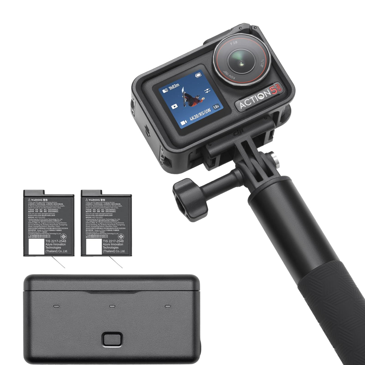 DJI Osmo Action 5 Pro front view, compact rugged design for adventure recording.