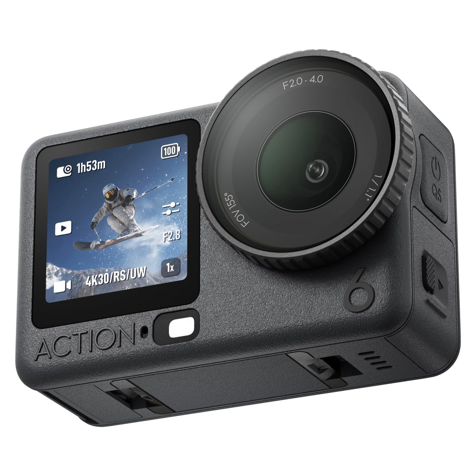 DJI Osmo Action 6 front view showing rugged, compact design for on-the-go vlogging.