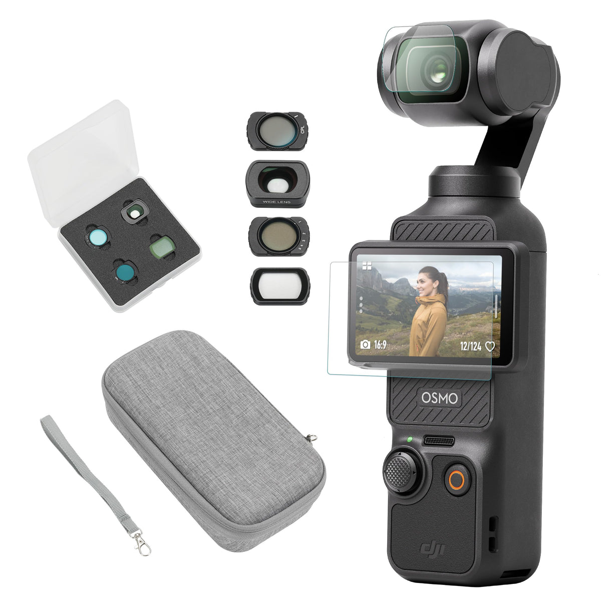 DJI Osmo Pocket 3 front view shows compact gimbal for travel filming.
