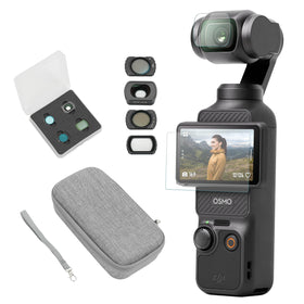 DJI Osmo Pocket 3 front view shows compact gimbal for travel filming.