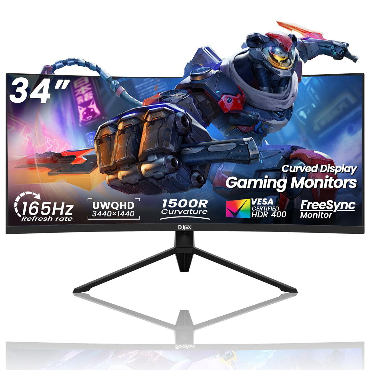 DJiEX 34-inch curved monitor highlights immersive design for work and gaming.
