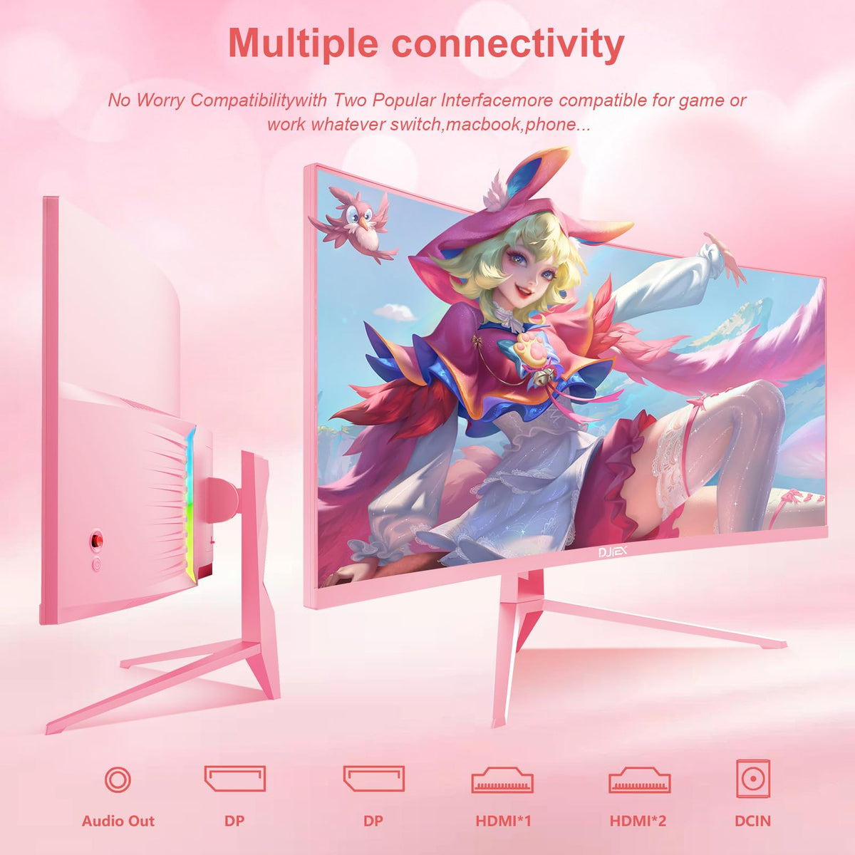 DJiEX action scene on pink curved monitor highlighting responsive visuals and depth