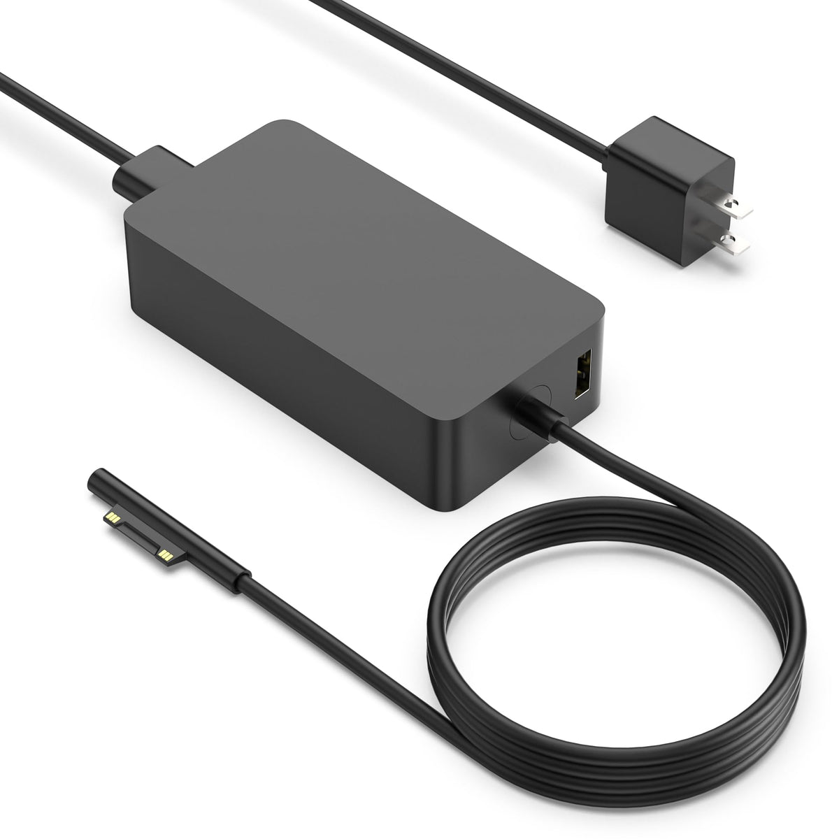 DJW 65W Surface Pro charger front view, compact and ready for fast Surface charging.