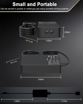 DJW 65W Surface Pro charger in use during travel; compact and convenient.