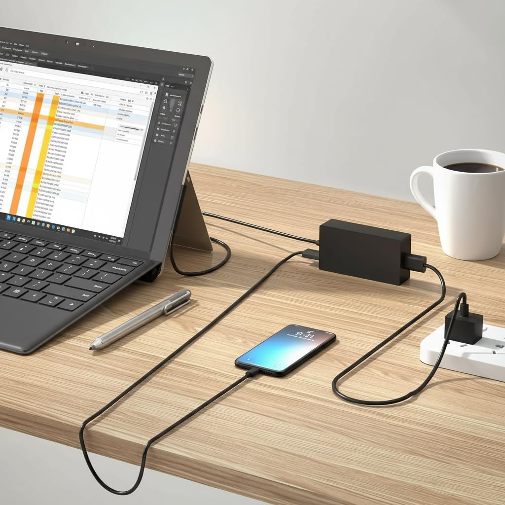 DJW 65W Surface Pro charger packaging included; simple setup and use.