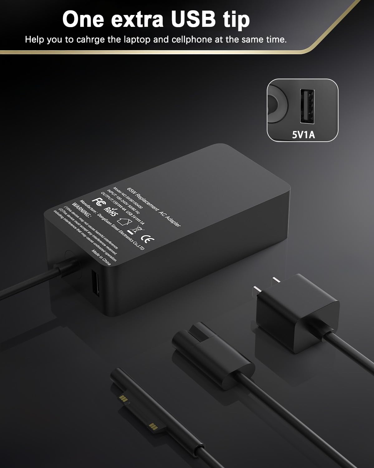 DJW 65W Surface Pro charger with AC cord; ready for home or office.