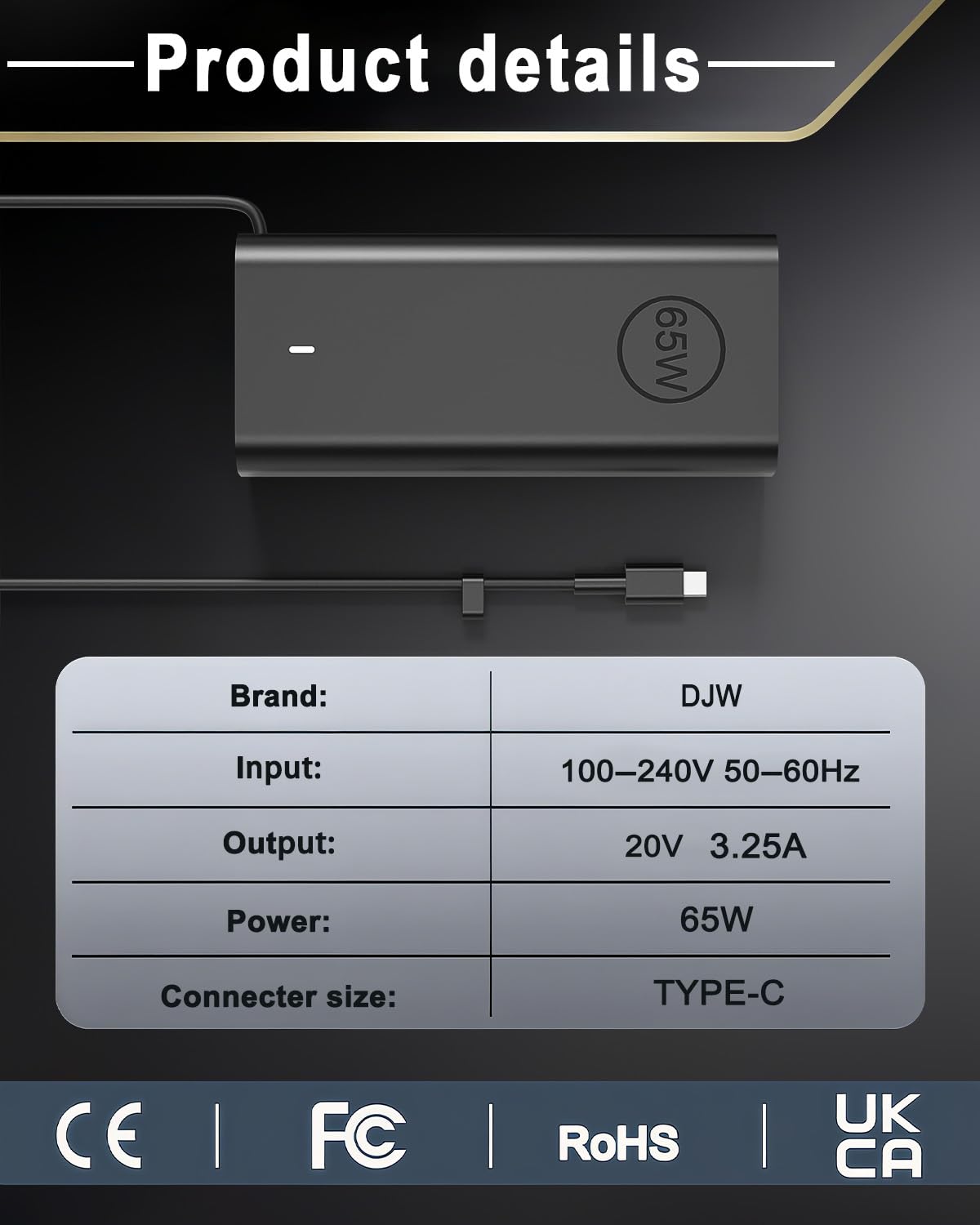 DJW 65W USB-C charger side port, versatile USB-C power delivery.