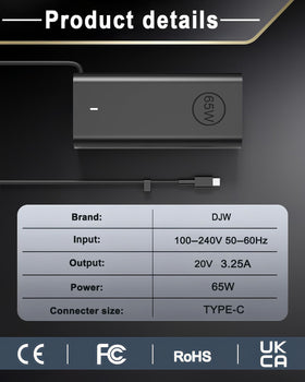 DJW 65W USB-C charger side port, versatile USB-C power delivery.