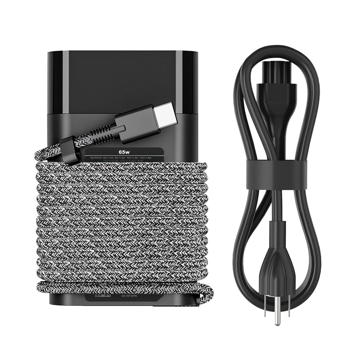 DJW 65W USB-C charger front view, compact and travel ready for HP laptops.