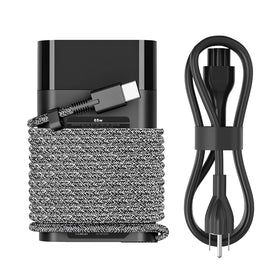 DJW 65W USB-C charger front view, compact and travel ready for HP laptops.