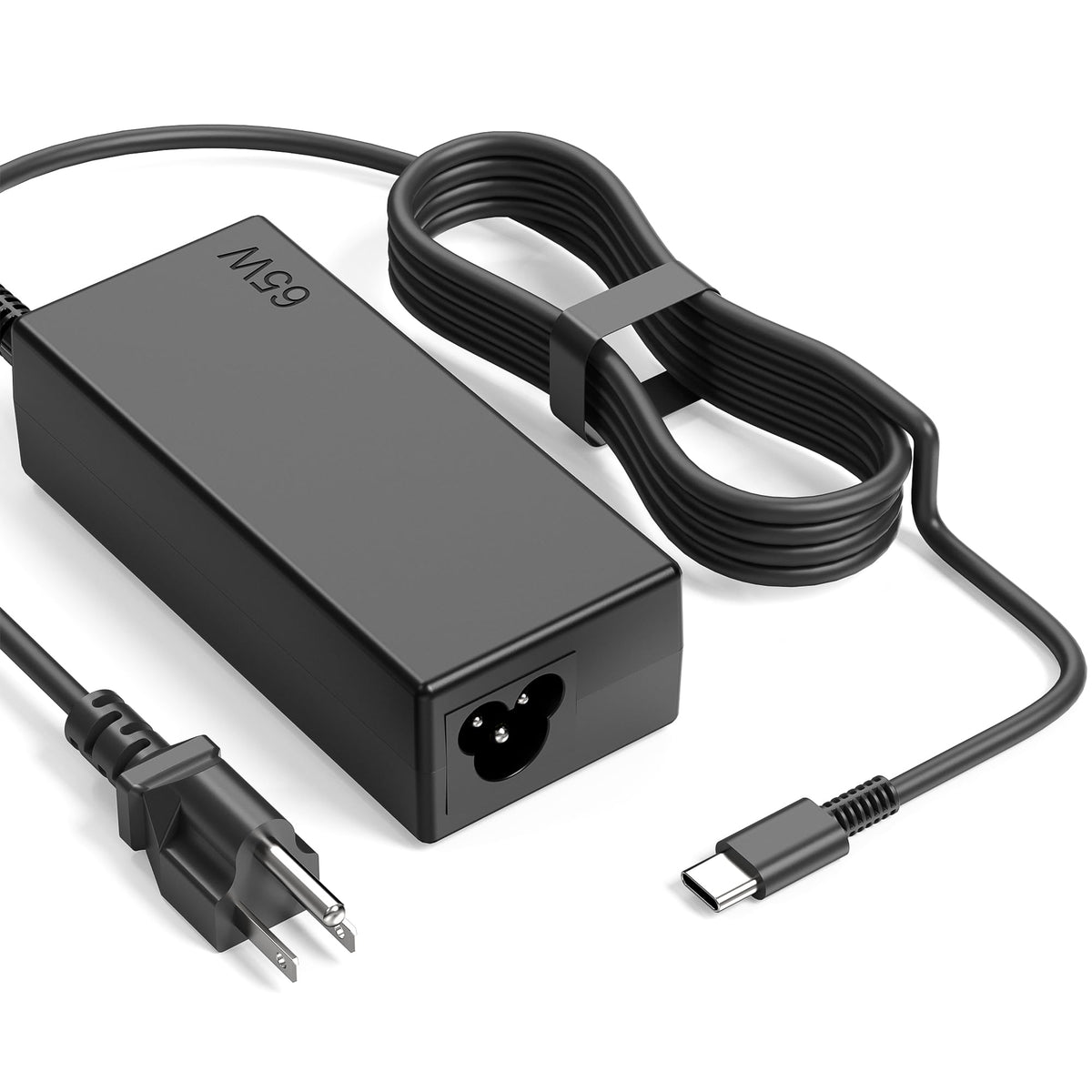 DJW 65W USB-C charger front view, compact travel-friendly design.