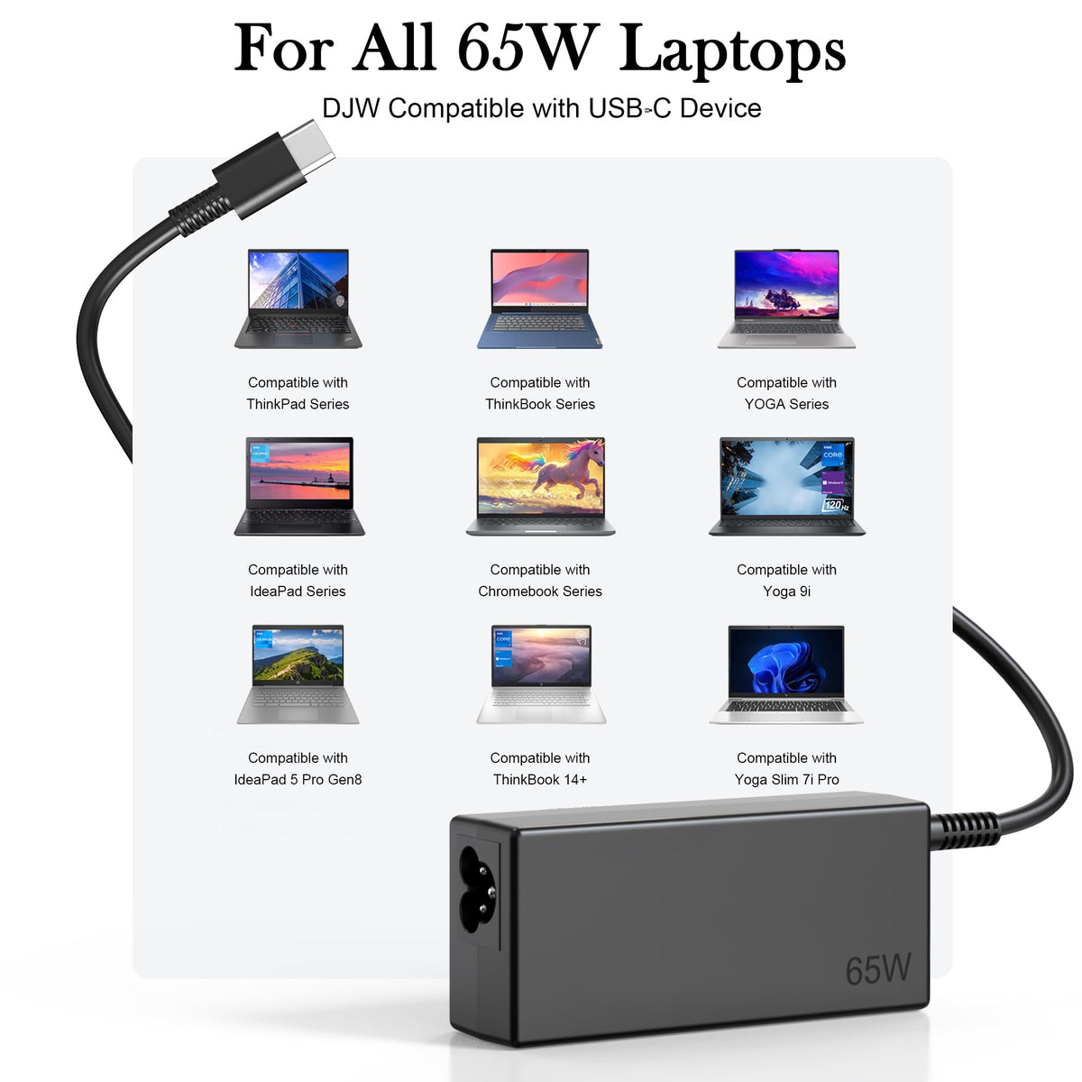 DJW 65W USB-C charger with power cable connected.