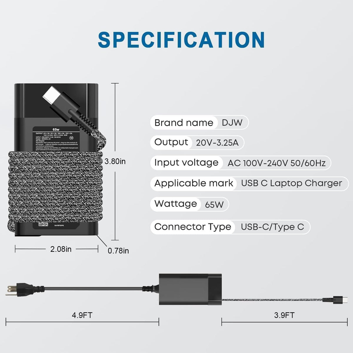 Close-up of DJW 65W USB-C charger USB-C port for versatile charging.