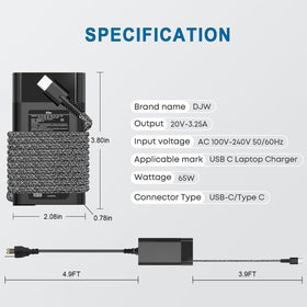 Close-up of DJW 65W USB-C charger USB-C port for versatile charging.