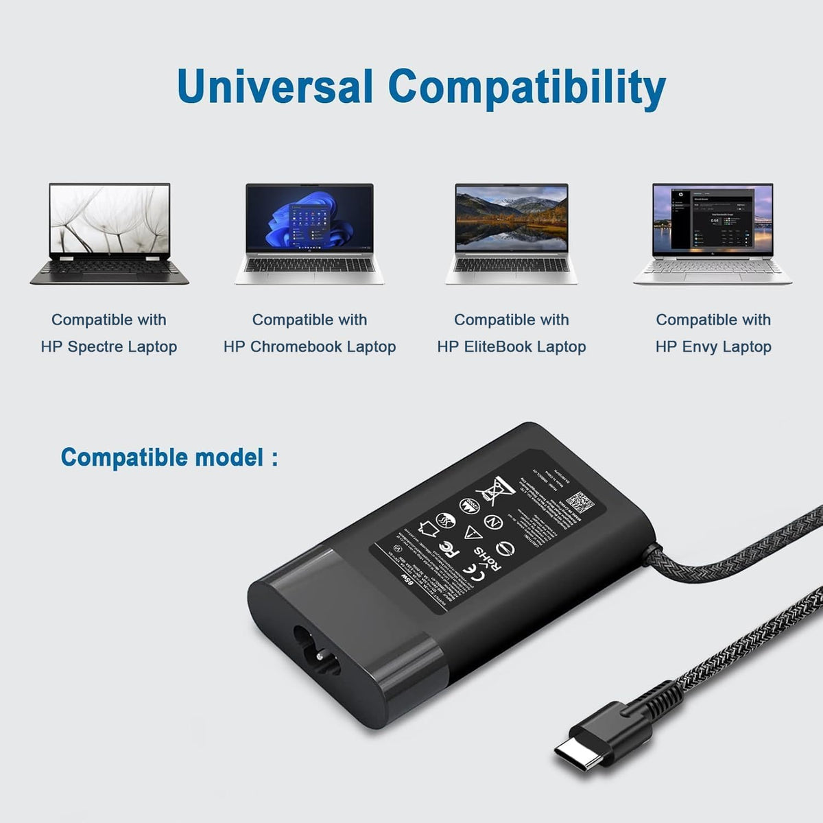 Worldwide input capability of DJW 65W USB-C charger for travel use.