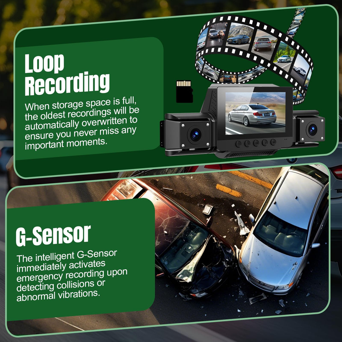 DKGEA dash cam loop recording uses a free TF card for continuous recording.