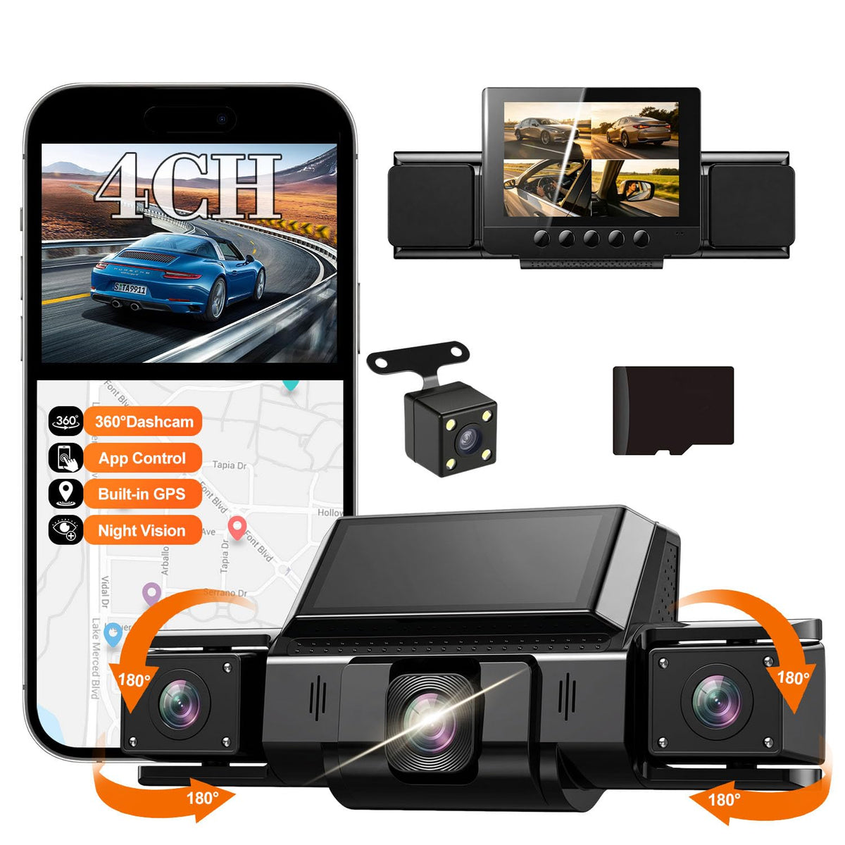 DKGEA Dash Cam 360 front camera captures full-vehicle view for comprehensive safety.