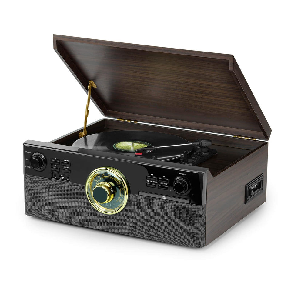 DL vintage record player front view showcases 10 in 1 versatility for diverse listening