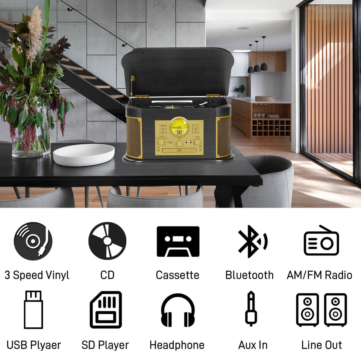 DLITIME all-in-one vinyl player CD playback for modernizing classics