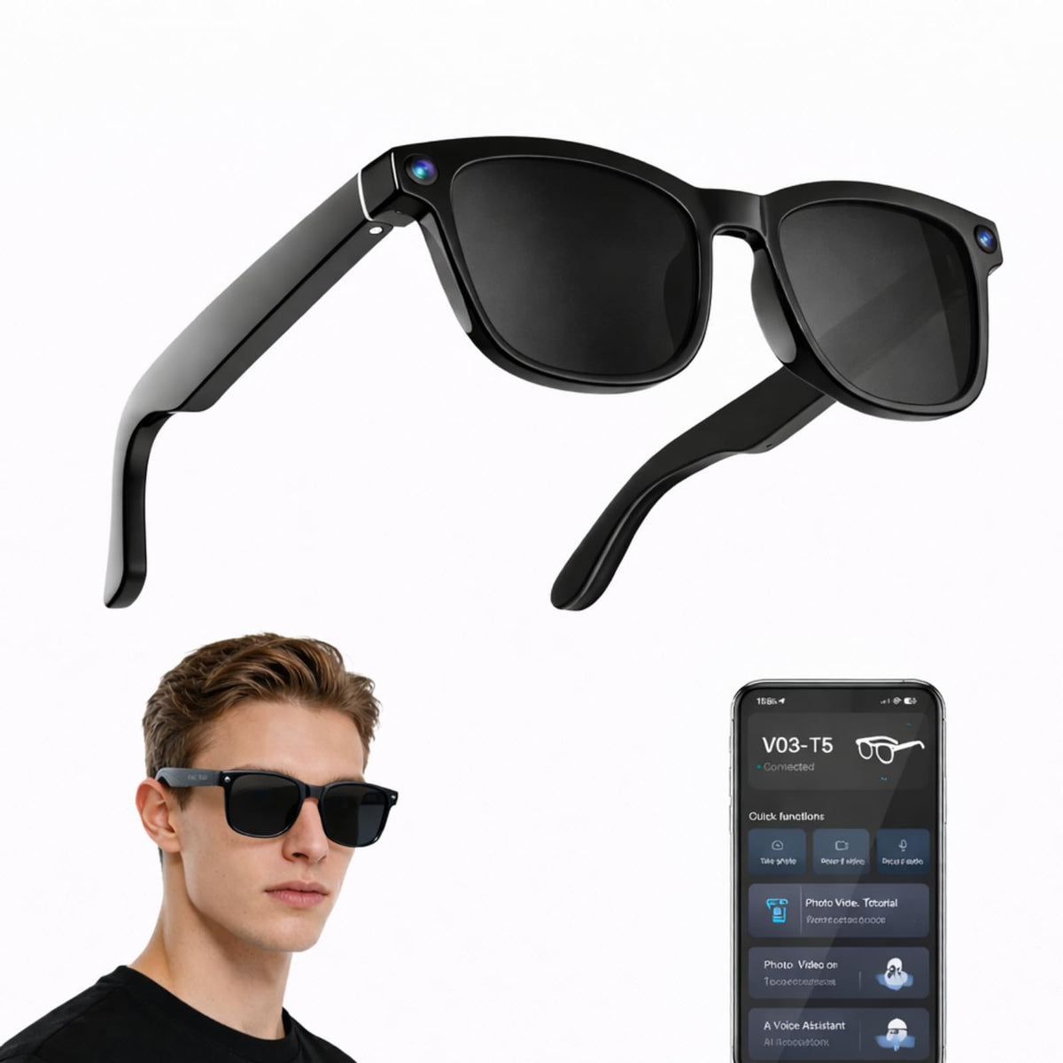 Dmcetu front view of smart glasses showing sleek frame and camera benefit