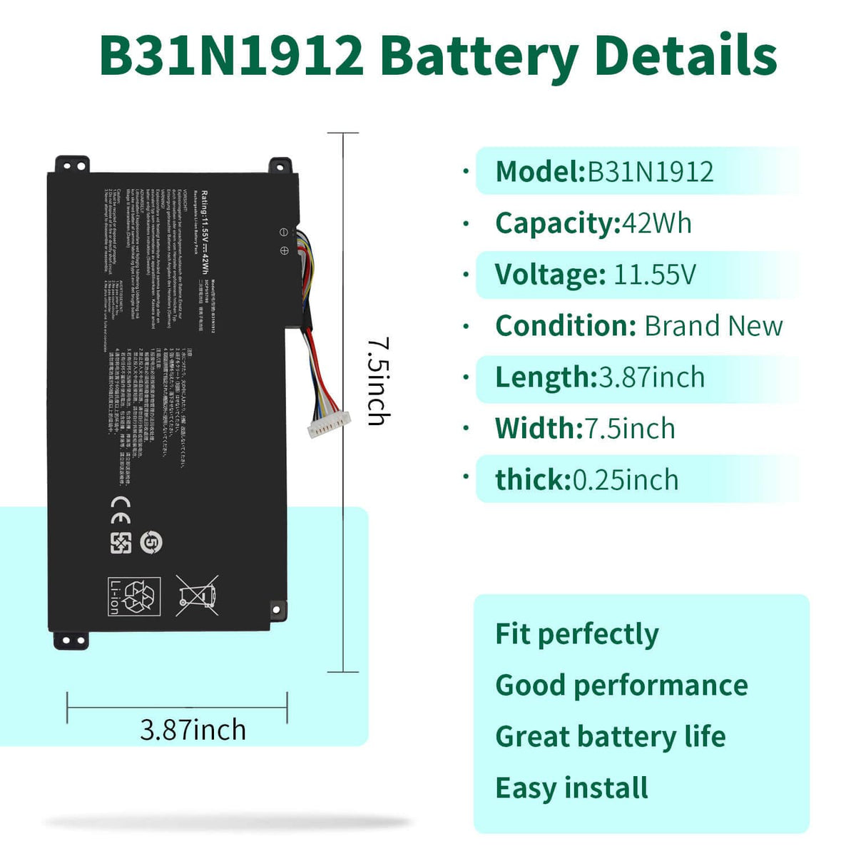 DMKAOLLK B31N1912 battery side label, clearly showing specs for easy verification