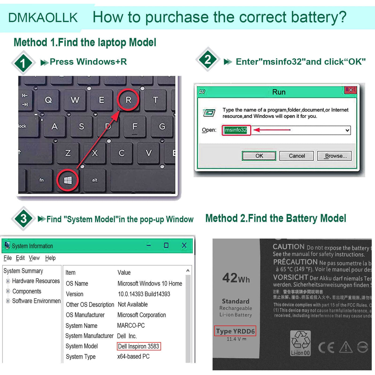 DMKAOLLK battery installed in Dell laptop demonstrating easy DIY replacement benefit