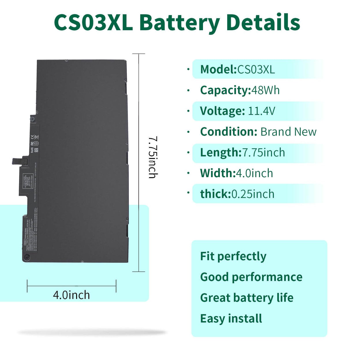 CS03XL battery side view showing compact 4-cell Li-polymer design for portability