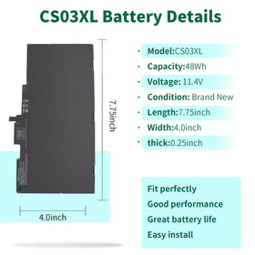 CS03XL battery side view showing compact 4-cell Li-polymer design for portability