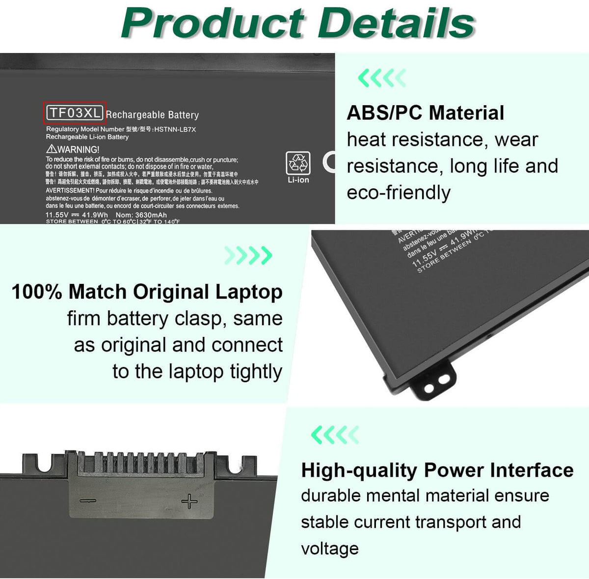 DMKAOLLK TF03XL battery, interior shot, 3-cell design supports balanced weight and performance.