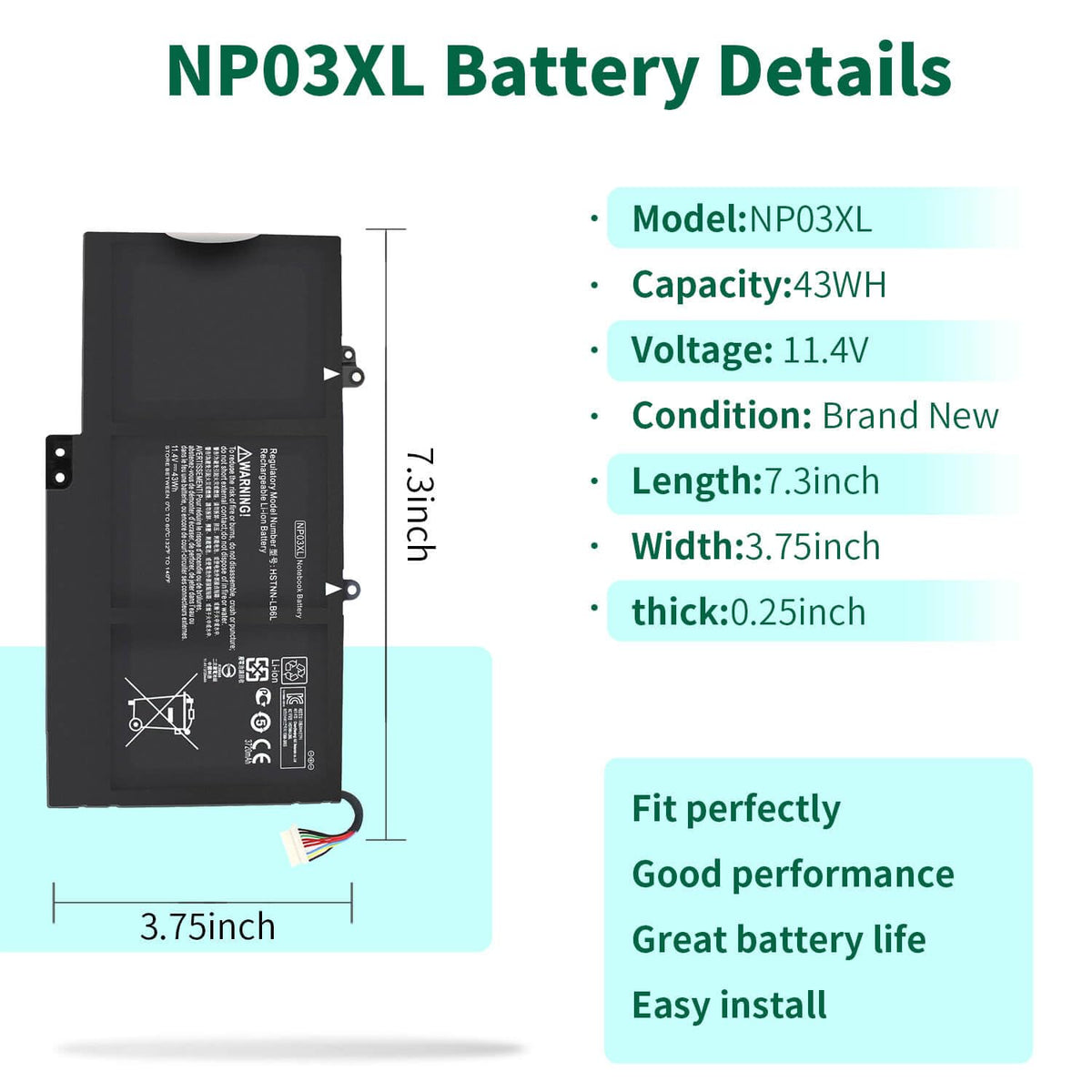 DMKAOLLK NP03XL label close-up confirming 43Wh 11.4V specifications and compatibility