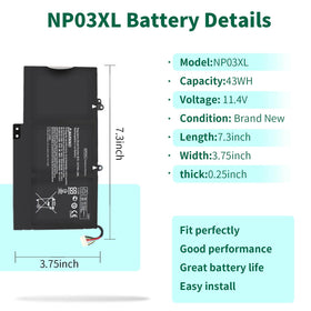 DMKAOLLK NP03XL label close-up confirming 43Wh 11.4V specifications and compatibility