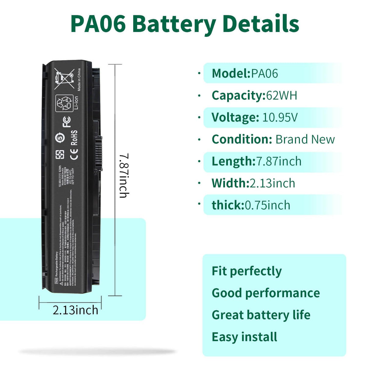 DMKAOLLK PA06 battery side angle, slim replacement for HP Omen laptops