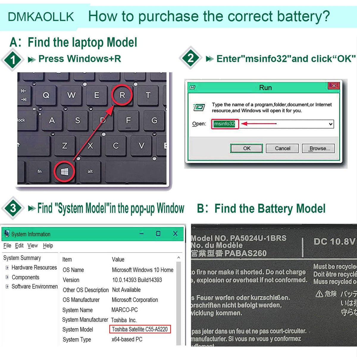 DMKAOLLK PA5024U-1BRS in-use laptop battery powering a Toshiba notebook.