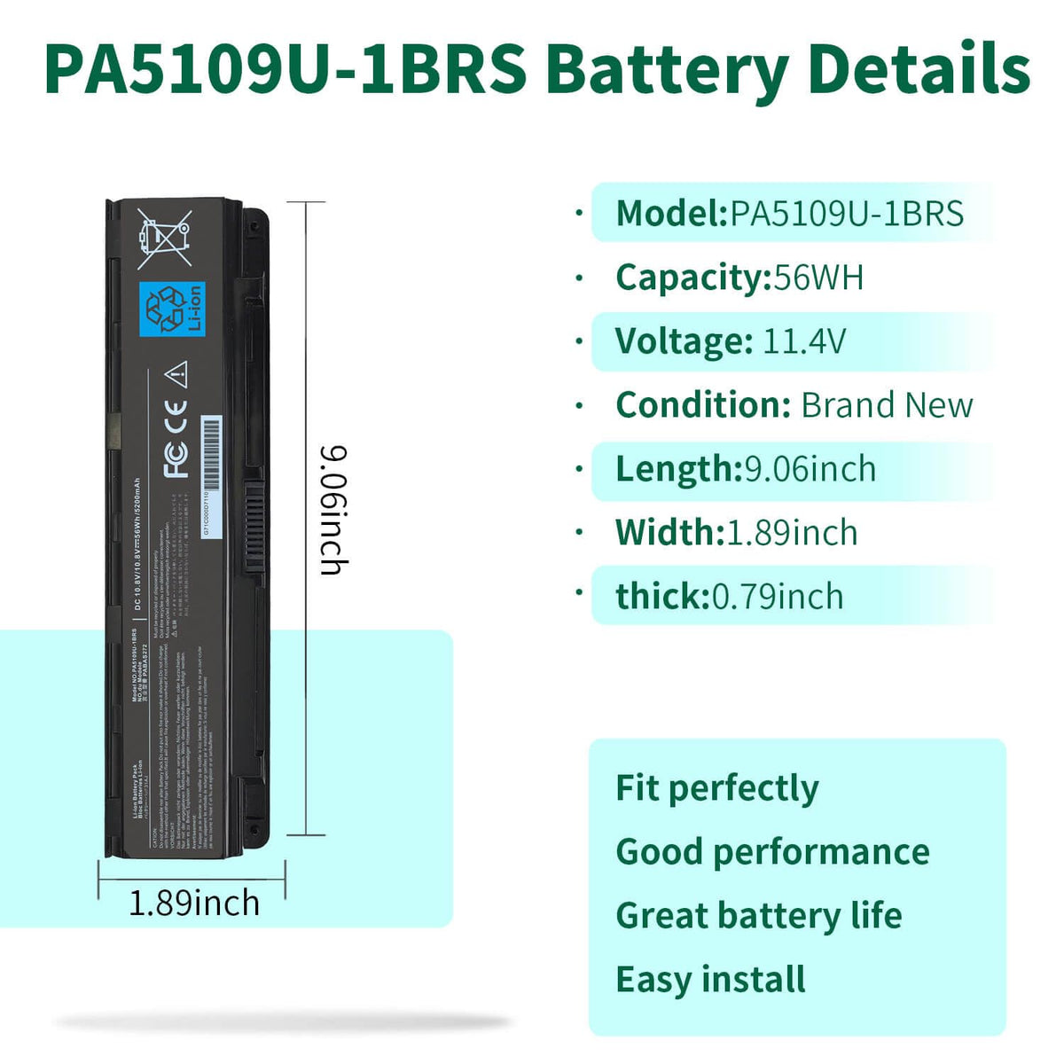 DMKAOLLK PA5109U-1BRS battery side view showing slim profile for easy replacement